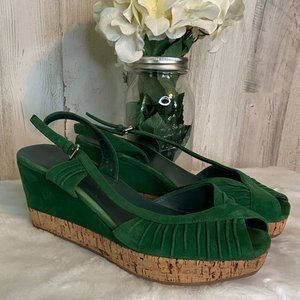 PRADA EU Size 40 Green Suede Wedge Sandals